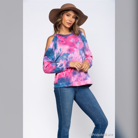 🆕 FUCHIA TIE DYE COLD SHOULDER TOP - Picture 1 of 5